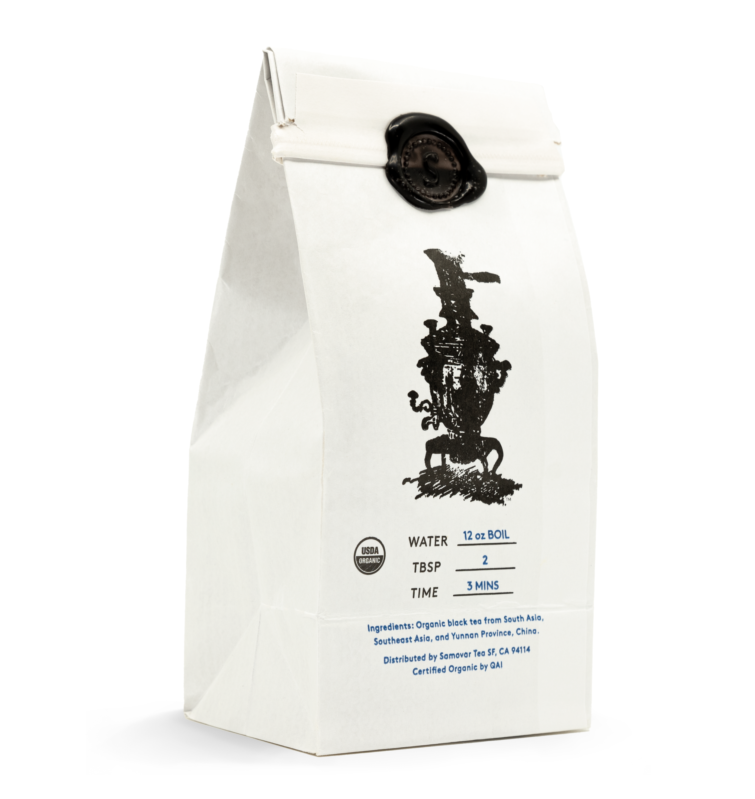 A bag of tea featuring a stylish black and white design, labeled as English Breakfast tea.