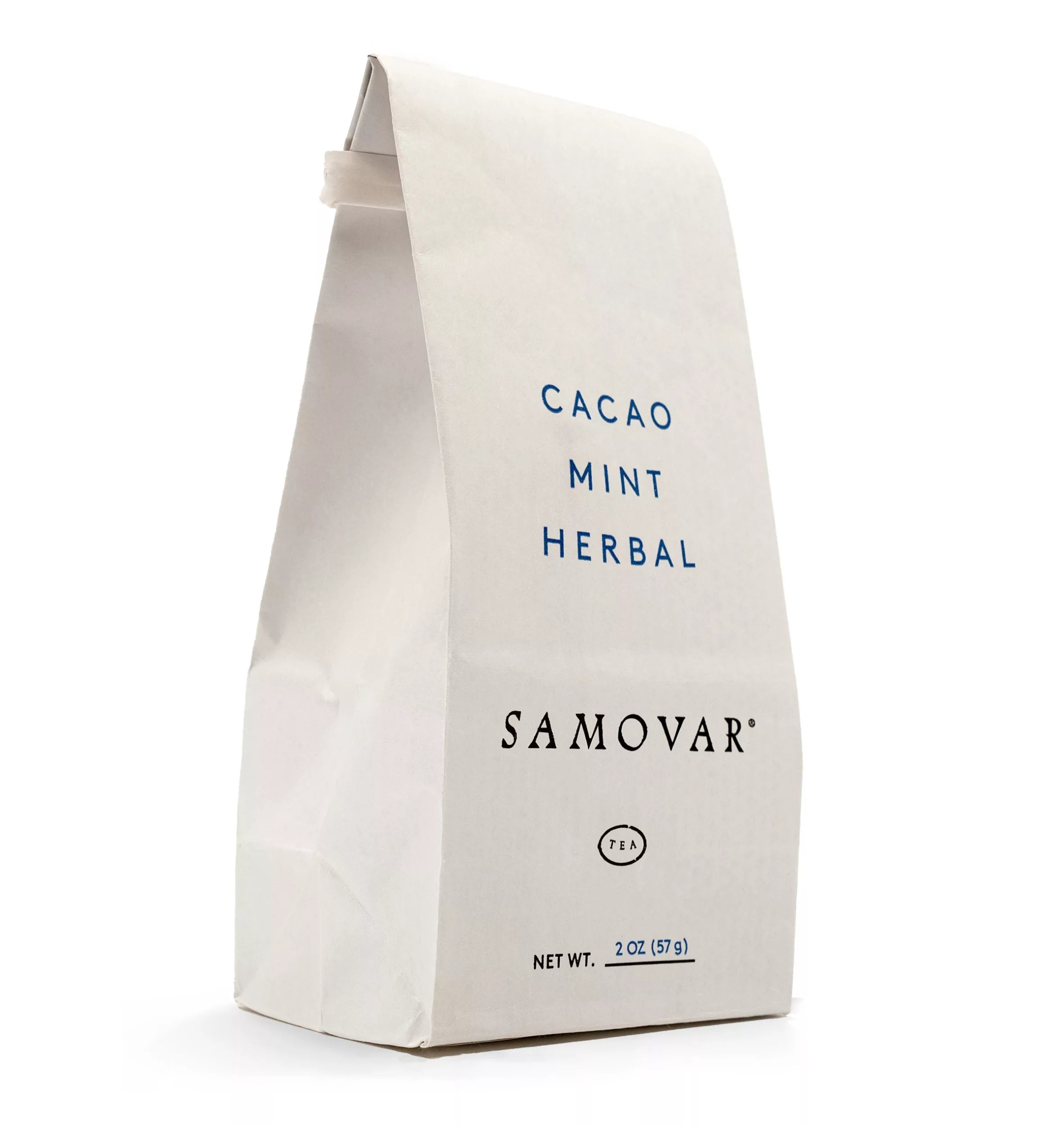 A Cacao Mint herbal tea bag featuring a colorful label, highlighting the refreshing combination of cacao and mint flavors.