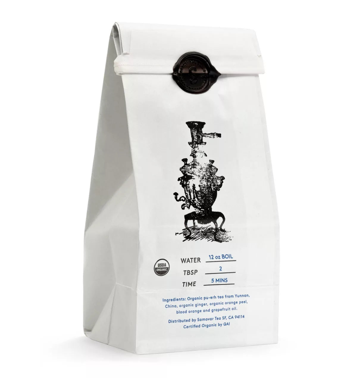 A visually appealing tea bag in black and white, labeled Blood Orange - Pu-erh Tea.